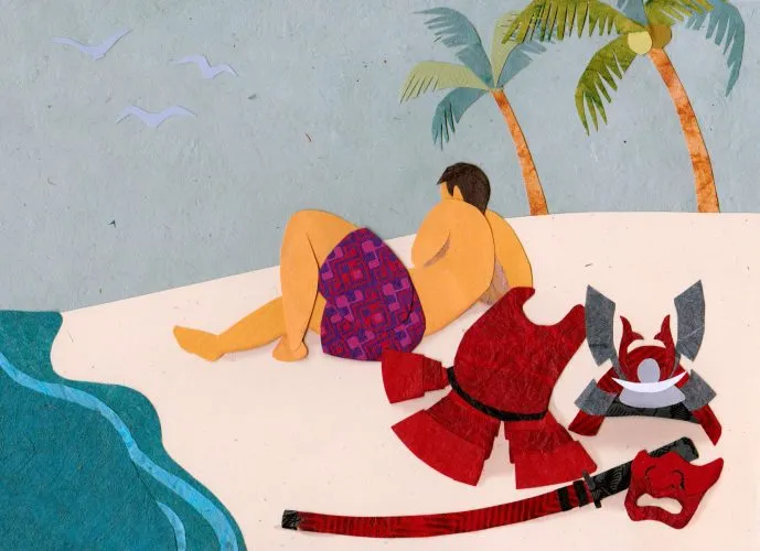 Colorful paper-craft style illustration of a person reclining on a beach beside a discarded samurai-style costume, evoking a playful entertainment mood